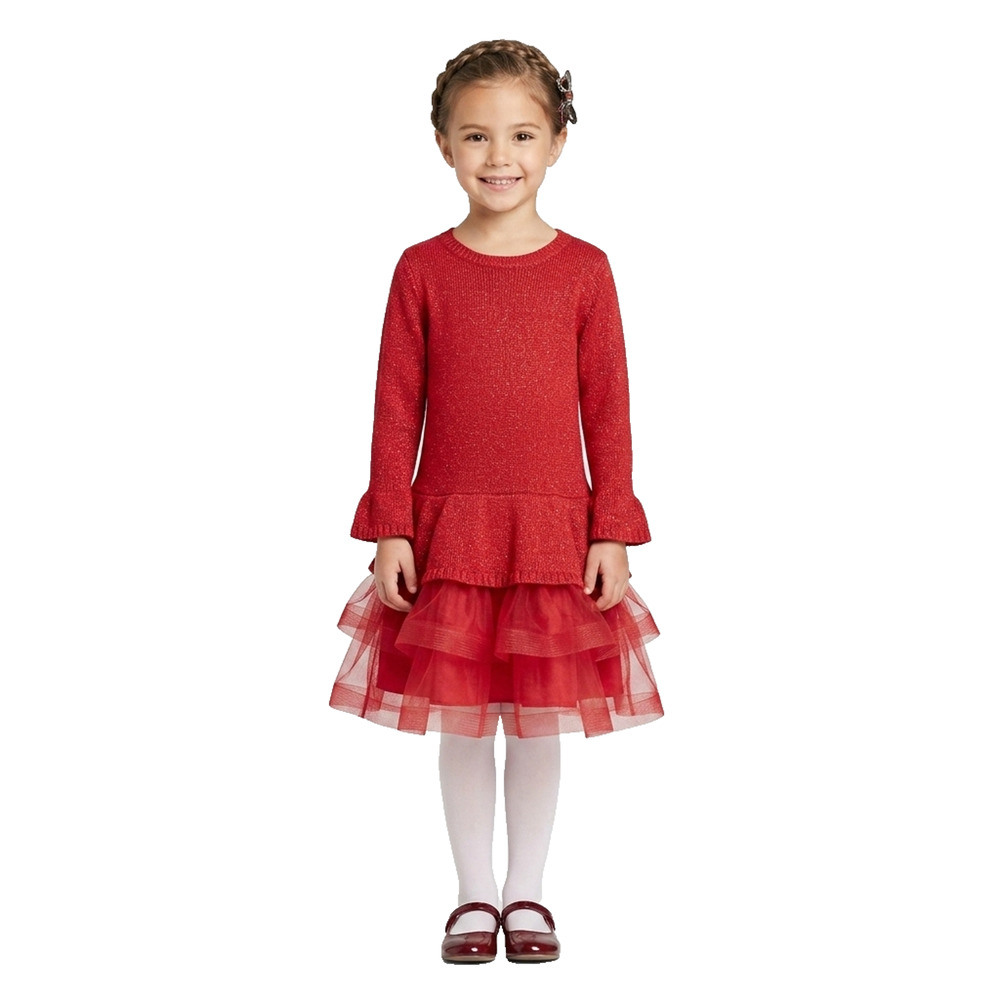 Bonnie Jean Girl Red Knit Sweater Dress Tulle Ruffle Holiday Christmas 6X NWT